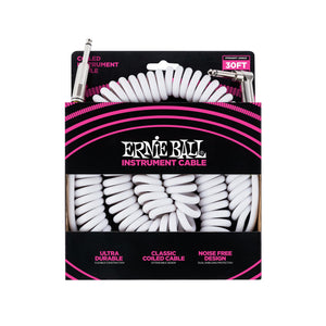 Ernie Ball 30' Coiled Straight to Angled Instrument Cable, White