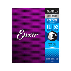 Elixir 11025 Polyweb 80/20 Bronze Acoustic Guitar Strings, Custom Light, 11-52