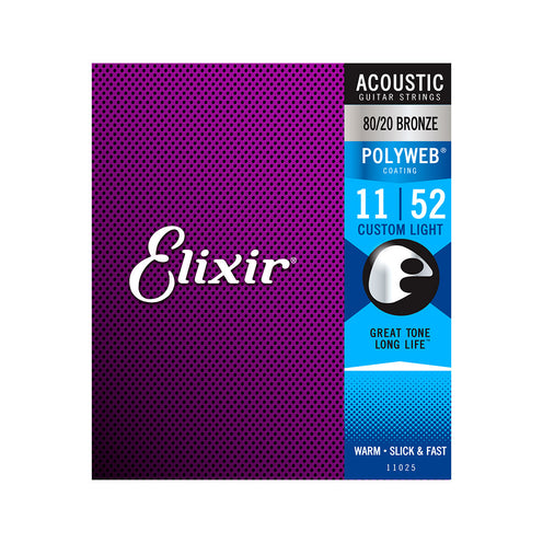 Elixir 11025 Polyweb 80/20 Bronze Acoustic Guitar Strings, Custom Light, 11-52