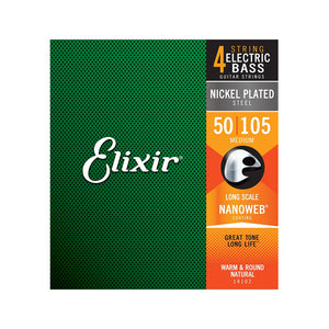 Elixir 14102 Nanoweb Nickel Plated Steel Electric Bass Strings, Long Scale, 4-String Medium, 50-105