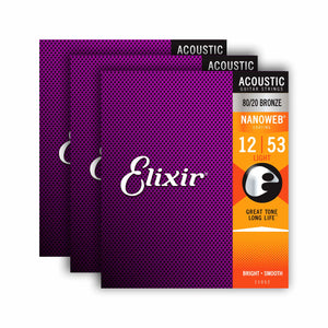 Elixir 16539 Nanoweb 80/20 Bronze Light Acoustic Guitar Strings, 12-53, 3-Pack